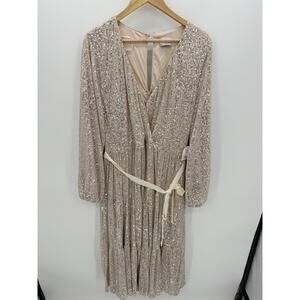 Arula Dress Women 2X Beige Sequin Shimmer Long Sleeve Maxi Gown Belt Long V Neck